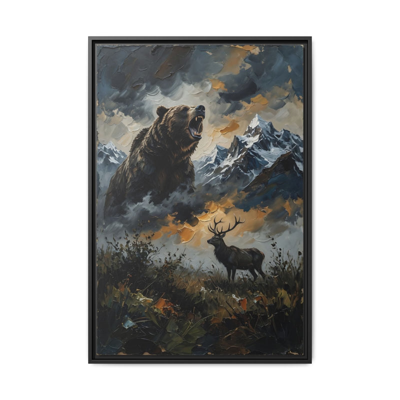 Black matte framed canvas featuring a roaring bear and a stag deer in a mountain scene.