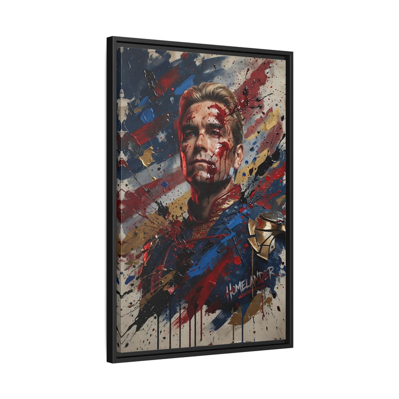 Framed matte canvas portrait print with black frame, angled view of hero face artwork