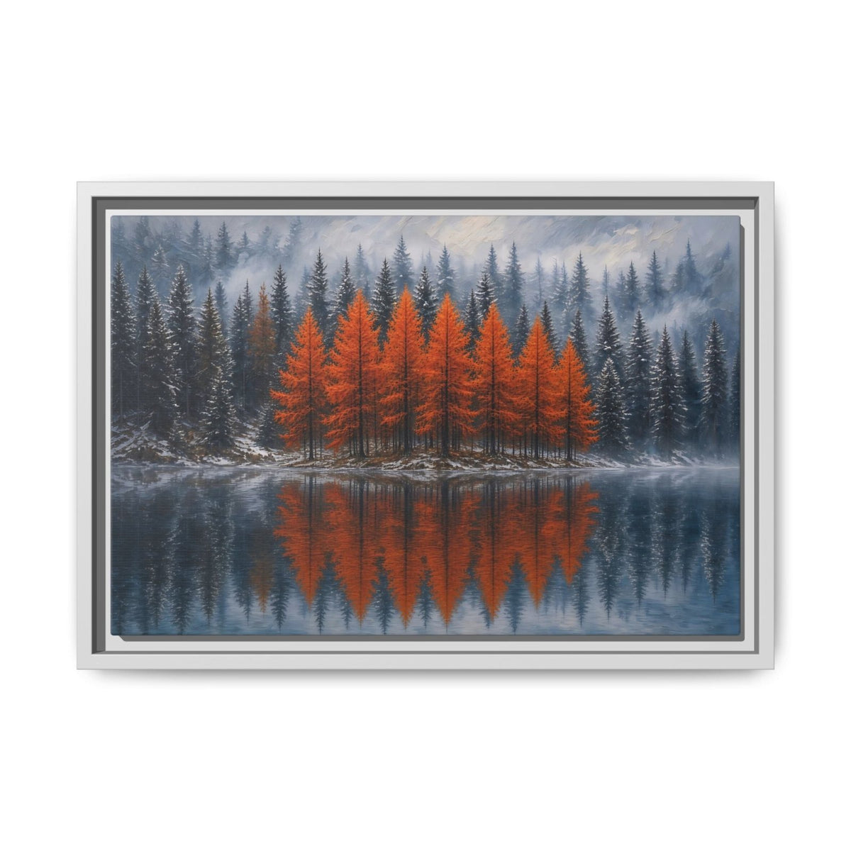 Framed canvas wall art of orange autumn forest with lake reflection, light gray frame