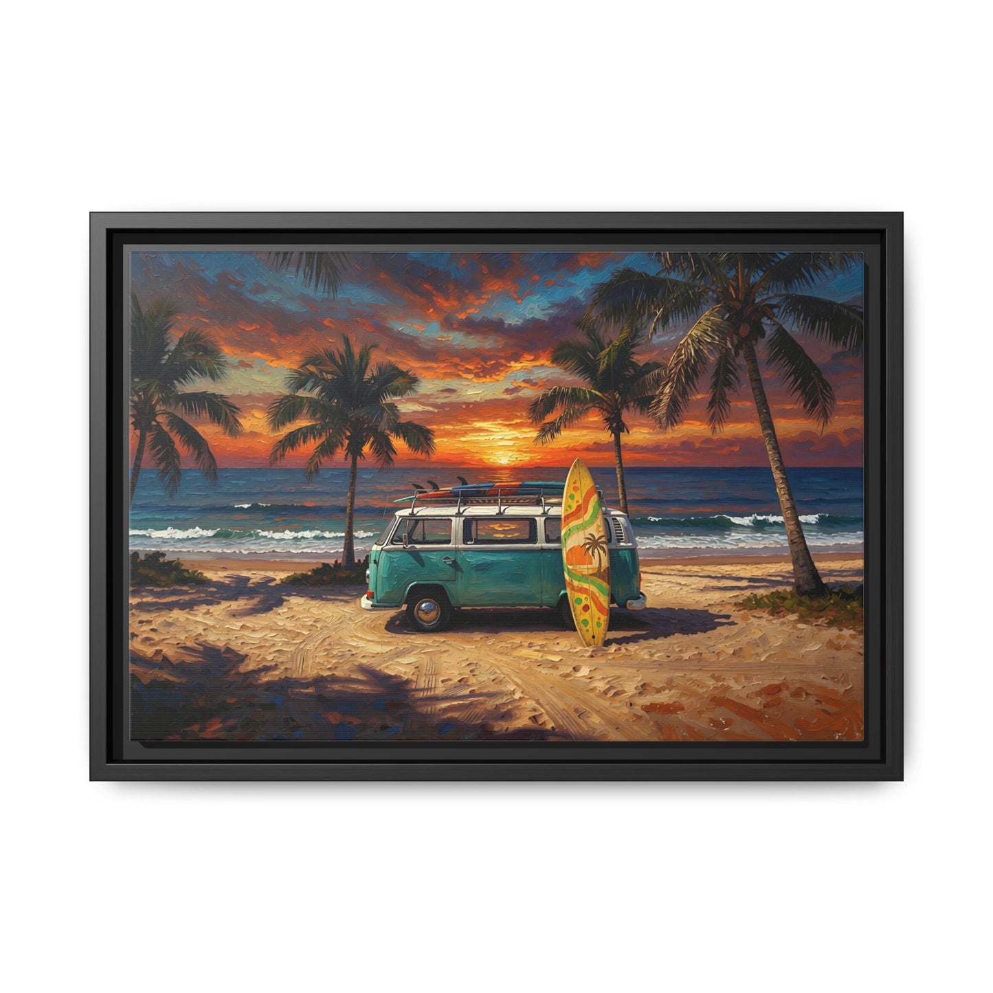Beach Sunset Van Canvas Print — Surfboard Coastal Wall Art (Framed)