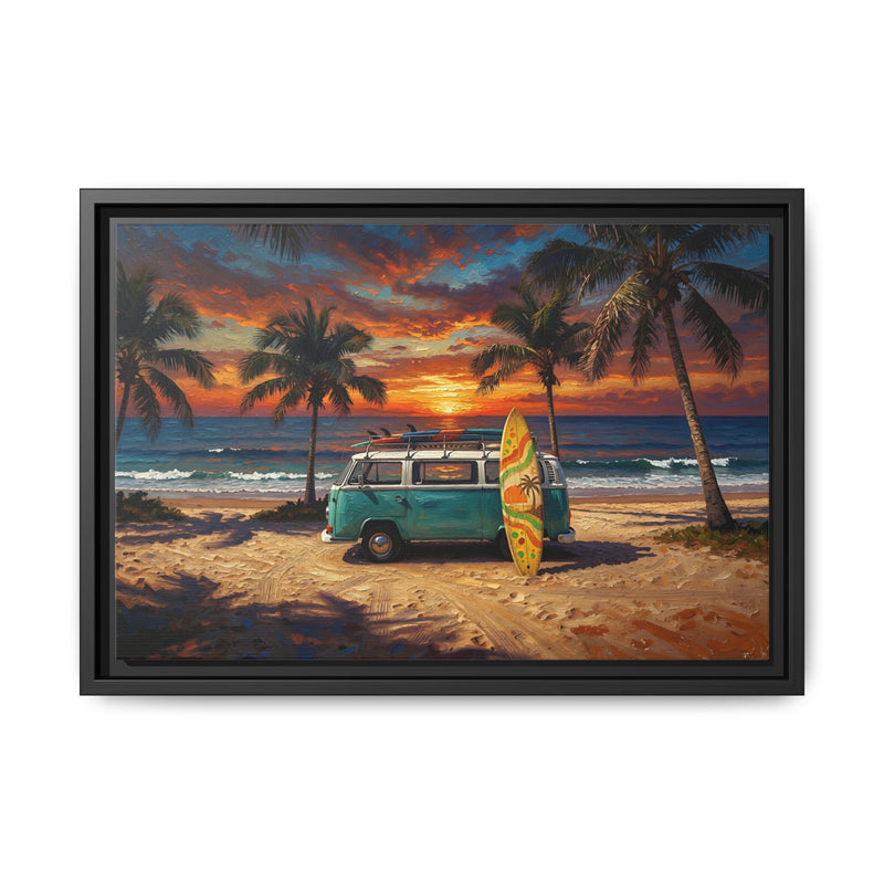 Beach Sunset Van Canvas Print — Surfboard Coastal Wall Art (Framed)