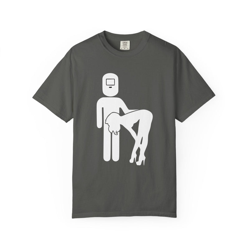 Dark gray crew-neck T-shirt with white welding silhouette graphic on chest