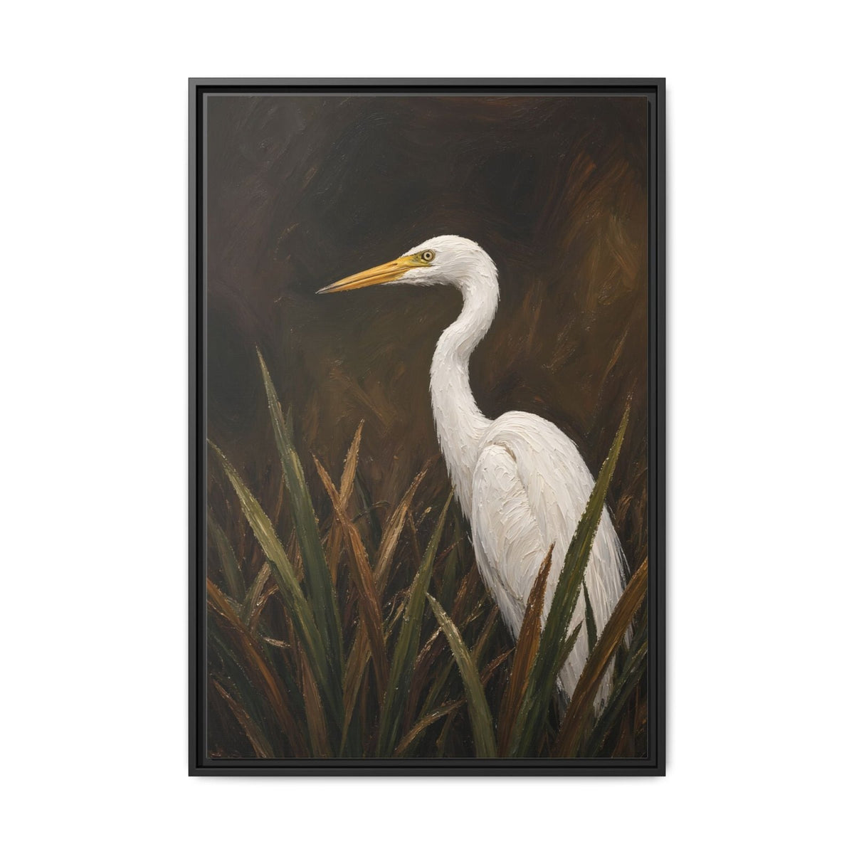 Black-framed egret canvas wall art featuring a white egret and green reeds