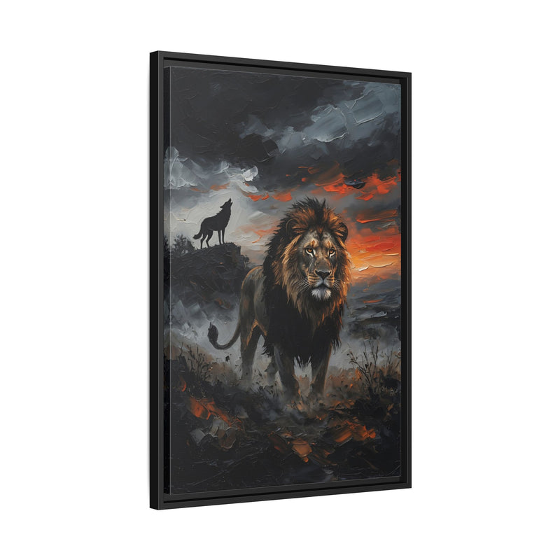 Lion and Wolf Matte Framed Canvas — Majestic Wildlife Sunset Wall Art