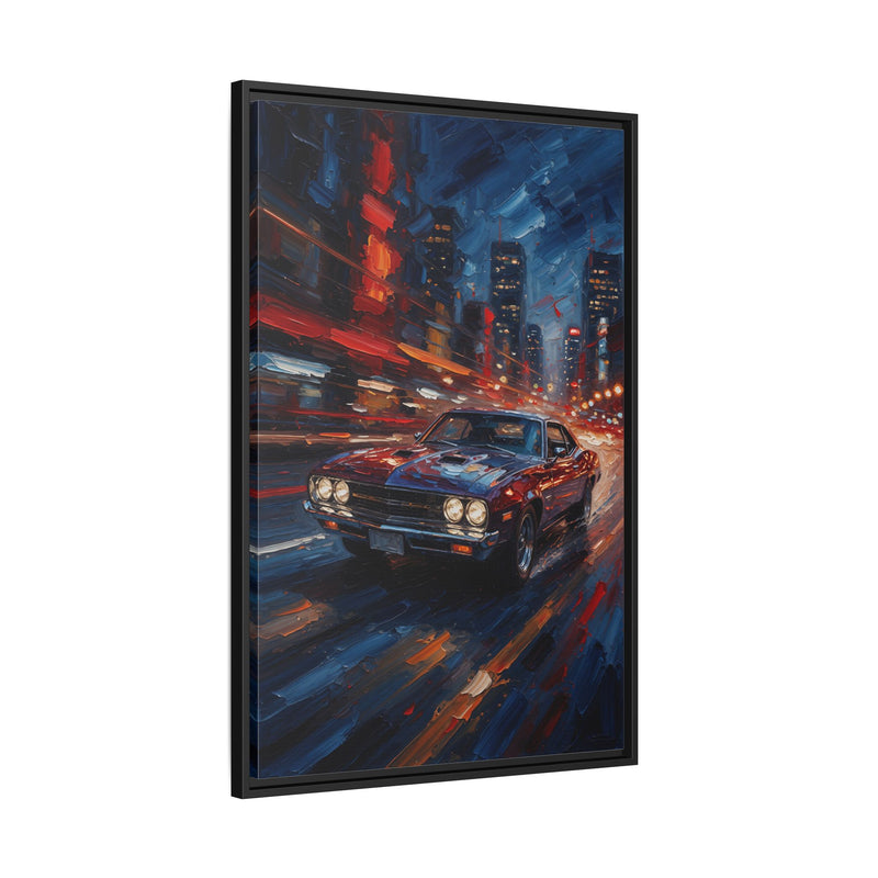 Framed Matte Canvas – Retro Muscle Car City Night Print