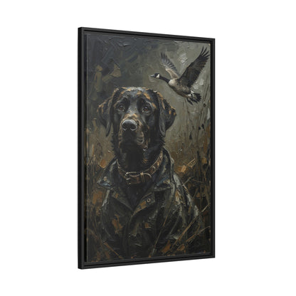 Framed Matte Canvas - Hunter's Companion - Black Labrador & Flying Goose Wildlife Art