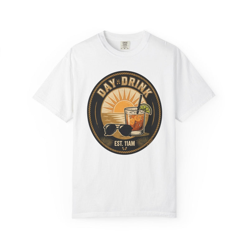 White crew-neck t-shirt with circular “DAY DRINK” graphic and “EST. 11AM”