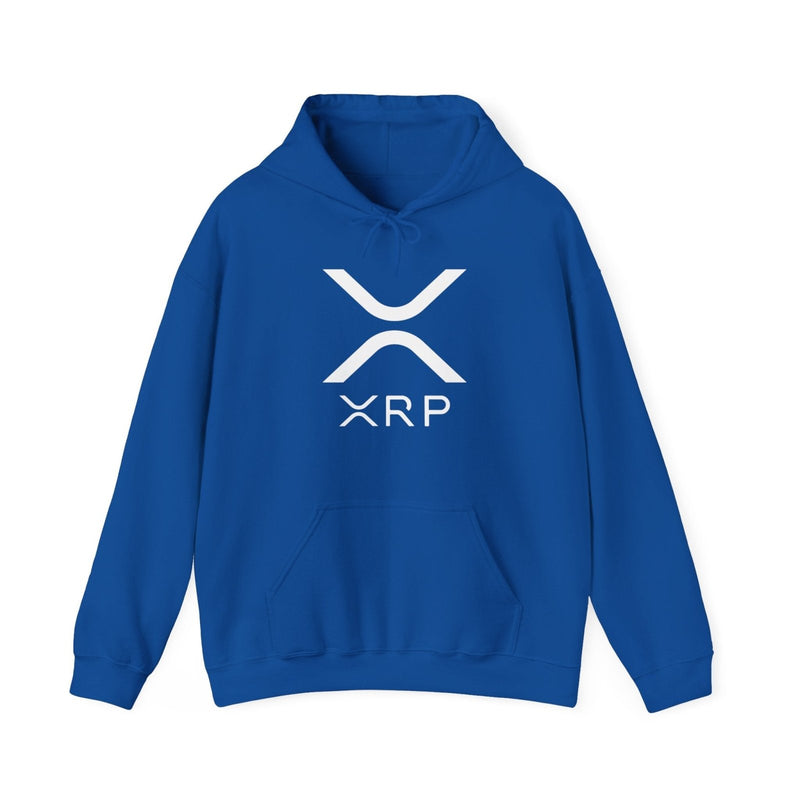 Royal blue pullover hoodie with hood, kangaroo pocket, and white XRP logo on chest