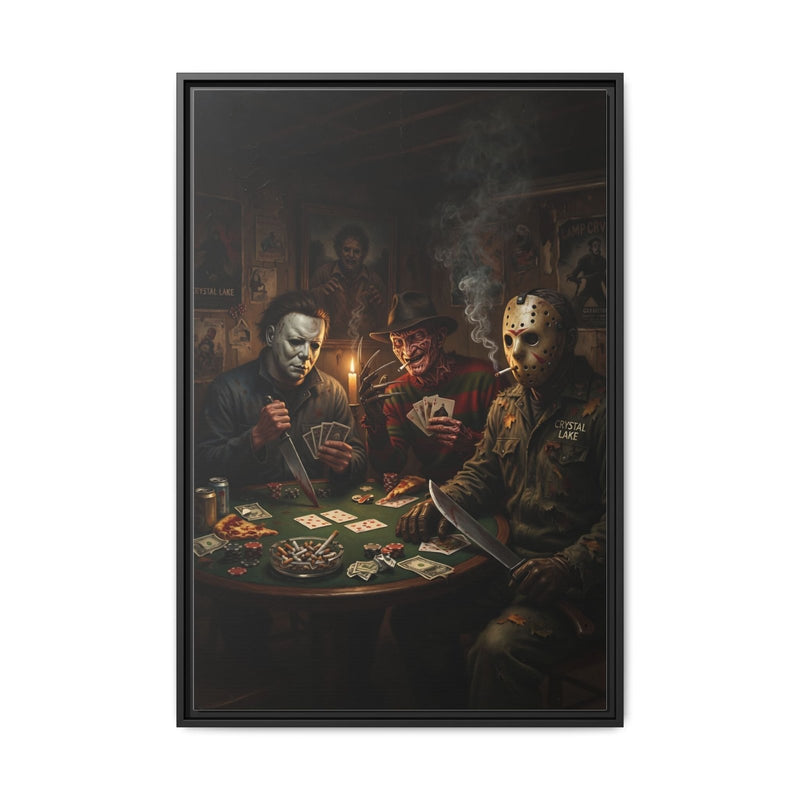 Framed matte canvas print in a black frame showing horror figures at a poker table