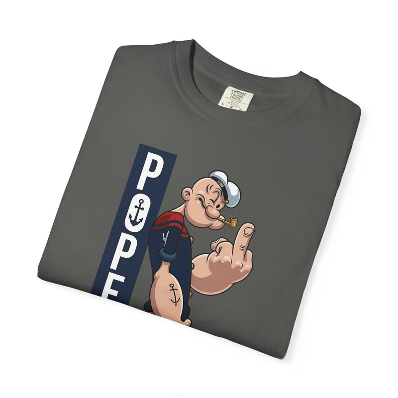 Charcoal folded graphic cartoon T-shirt with vertical sailor-themed print at center