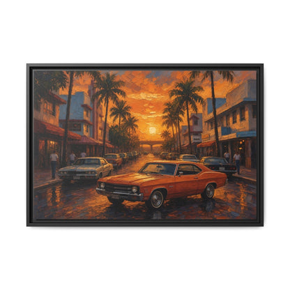 Framed canvas wall art with orange classic muscle car on a palm-lined sunset street