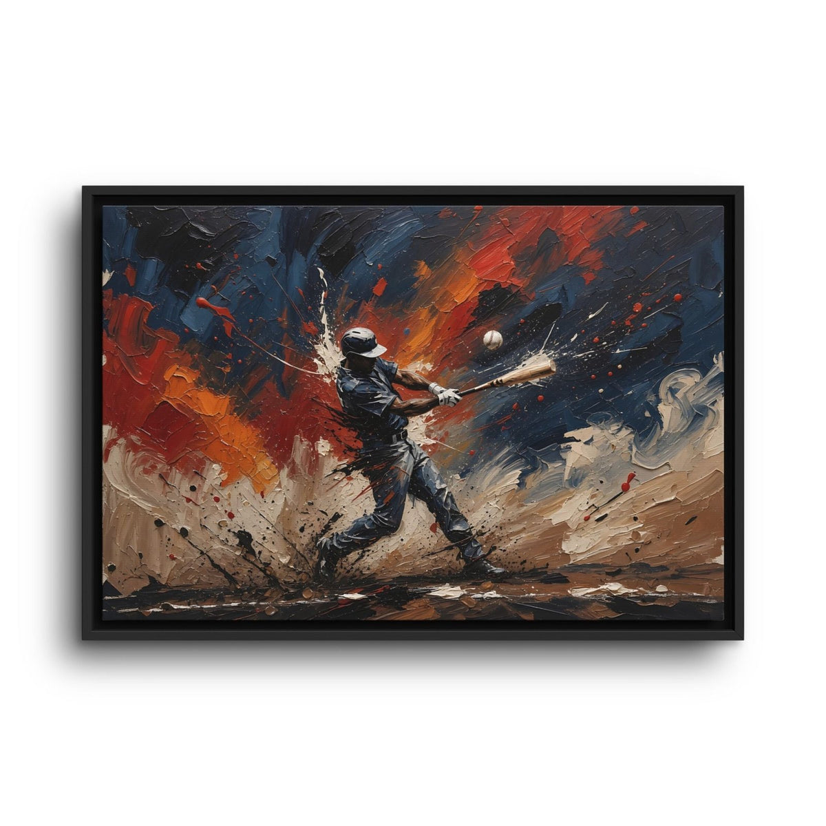 Framed baseball-themed paint splatter canvas with a swinging player silhouette and ball