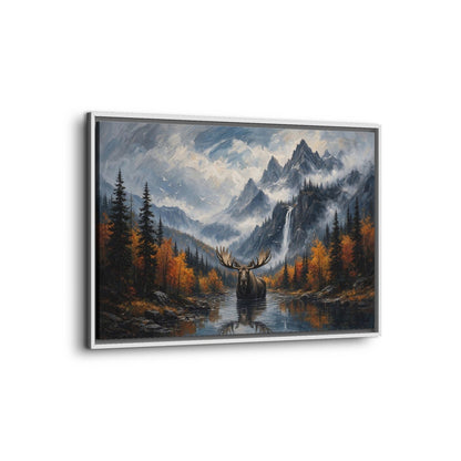 Angled view of a white-framed moose canvas with mountain, waterfall, and autumn lake scenery