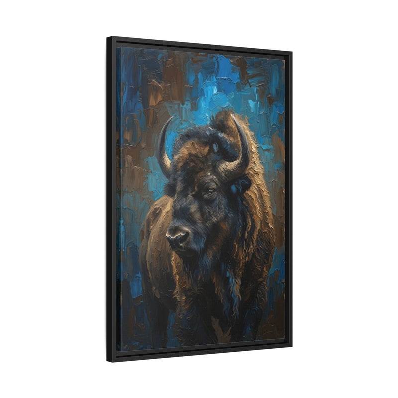 Black framed bison matte canvas wall art with bison portrait in blue and brown strokes.
