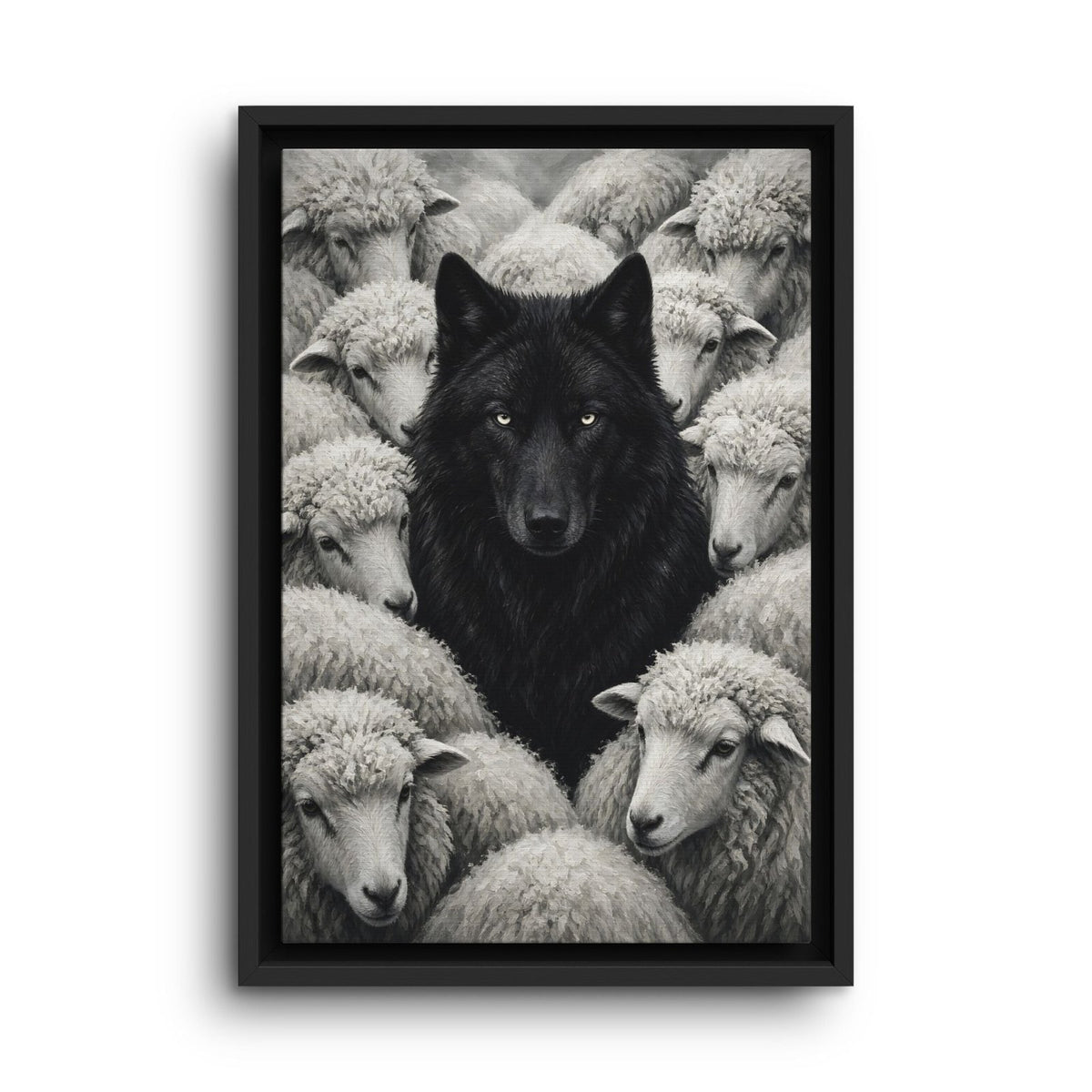 Framed grayscale canvas print of a black wolf surrounded by white sheep