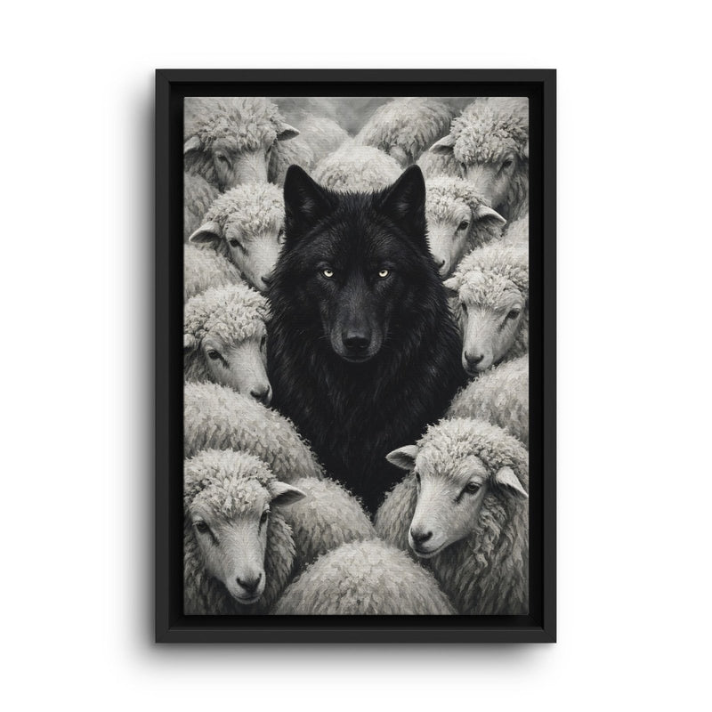 Framed grayscale canvas print of a black wolf surrounded by white sheep