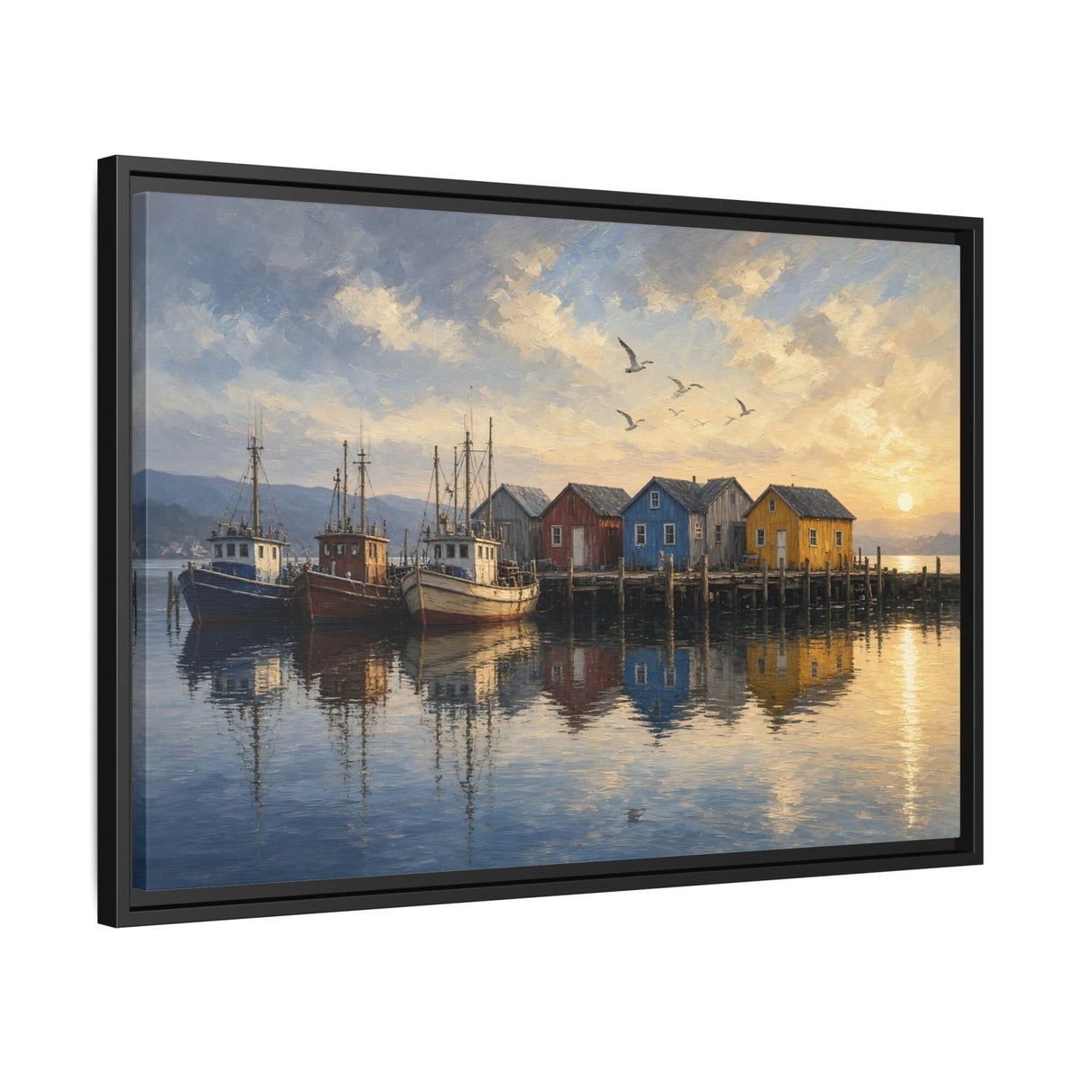 Framed canvas wall art: wide view of fishing harbor boats and waterfront houses; black frame