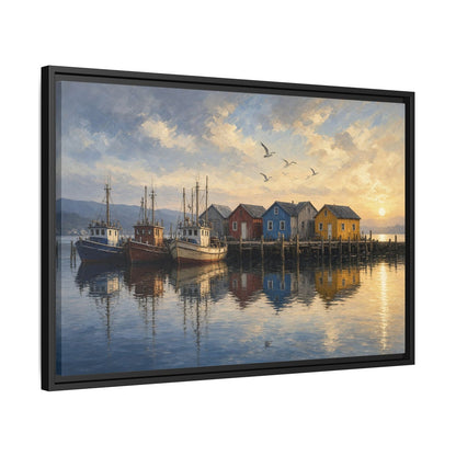 Framed canvas wall art: wide view of fishing harbor boats and waterfront houses; black frame