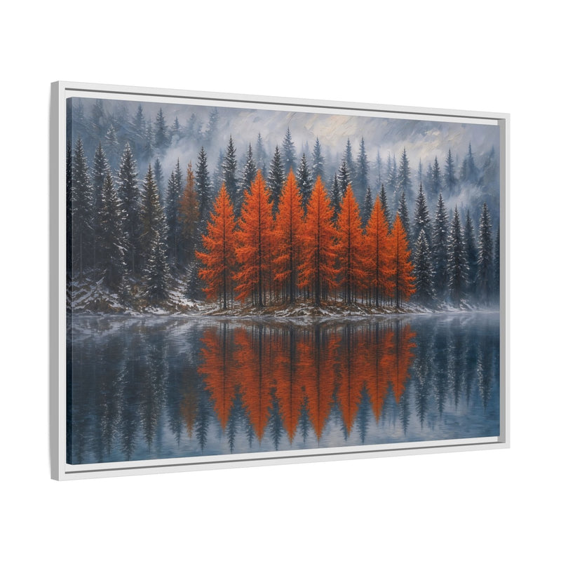 Framed autumn pine forest canvas print with orange trees and mirrored reflection, white frame