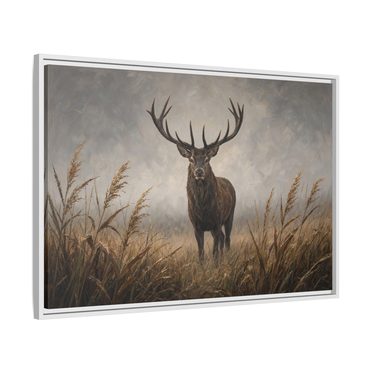 Stag deer canvas wall art in reeds, light frame, close view of head and horns
