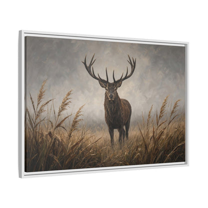Stag deer canvas wall art in reeds, light frame, close view of head and horns