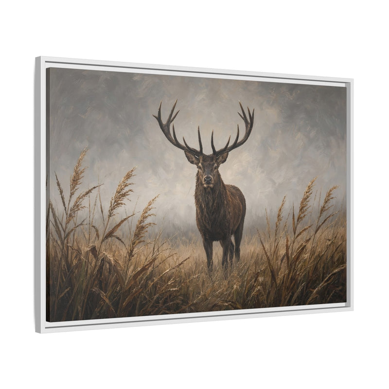 Stag deer canvas wall art in reeds, light frame, close view of head and horns