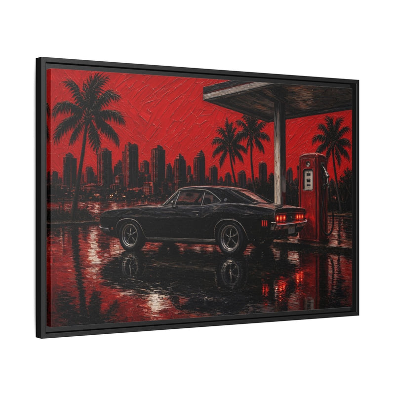 Framed canvas wall art at an angle showing a black muscle car by a gas pump
