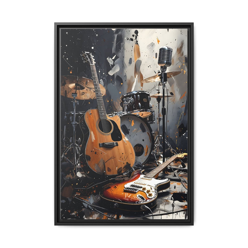 Framed matte canvas wall art with orange acoustic guitar, electric guitar, drums, mic