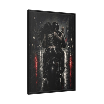 Black framed biker canvas, close frontal view of skeleton rider and motorcycle