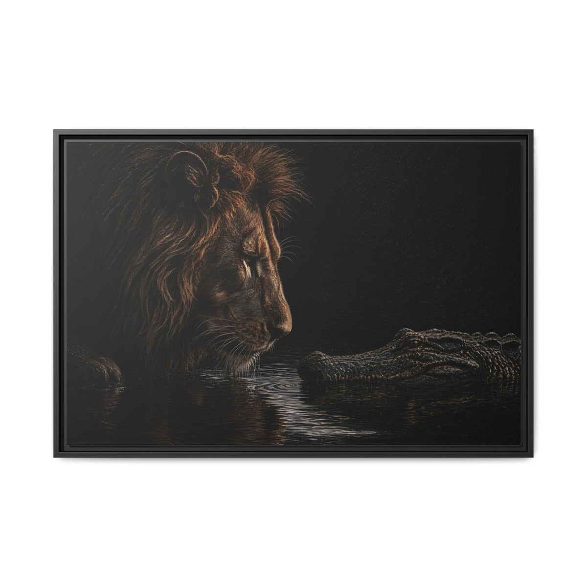 Black framed canvas wall art with a lion facing an alligator in dark water.