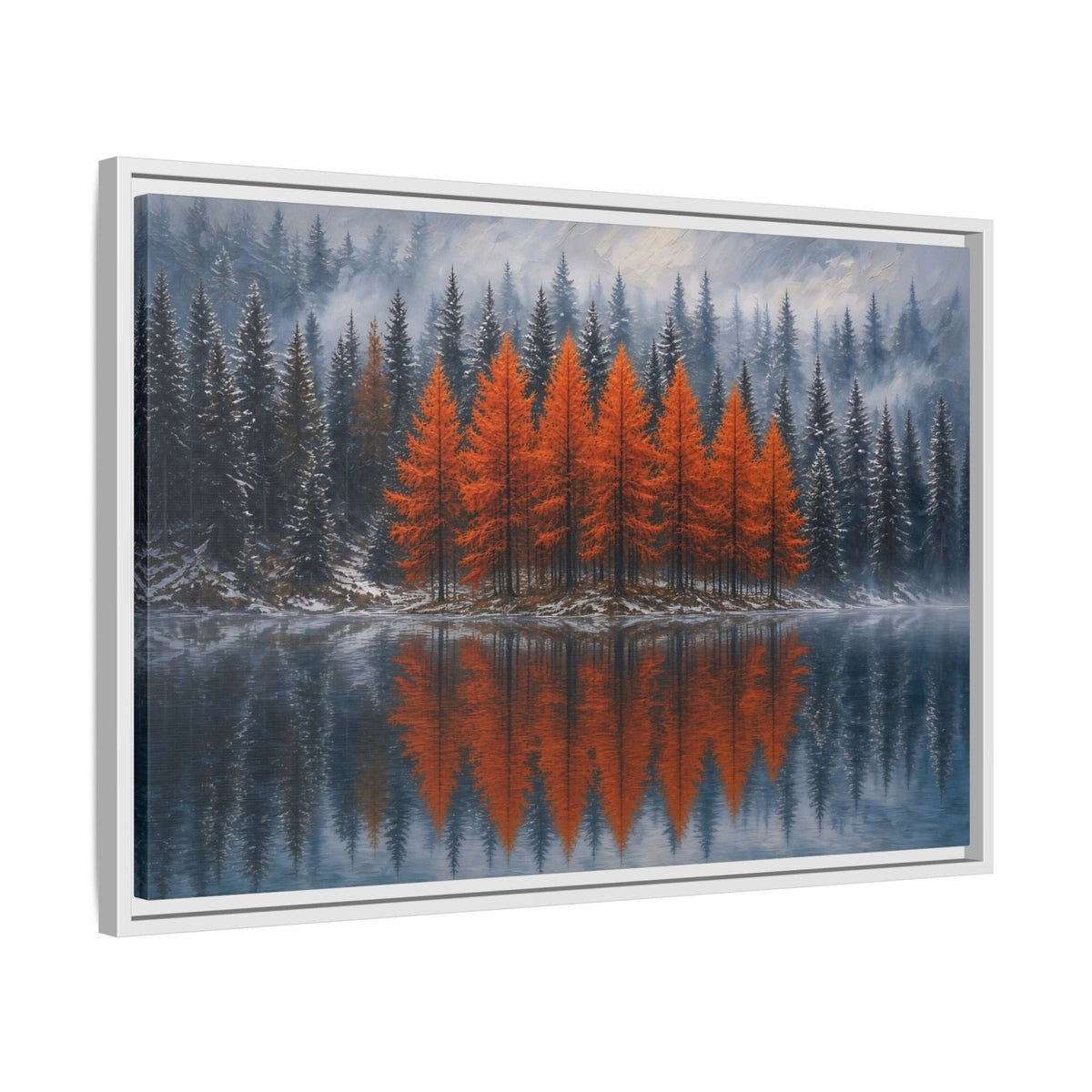 Framed autumn pine forest canvas print with orange trees and mirrored reflection, white frame