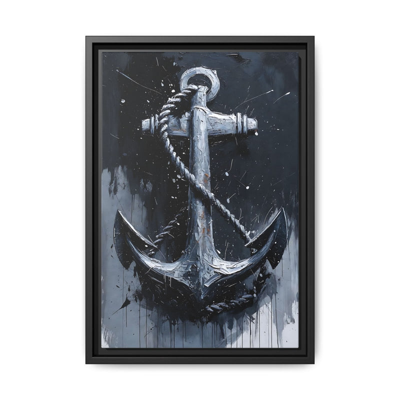 Framed nautical anchor wall art with silver anchor on dark, splatter-textured canvas