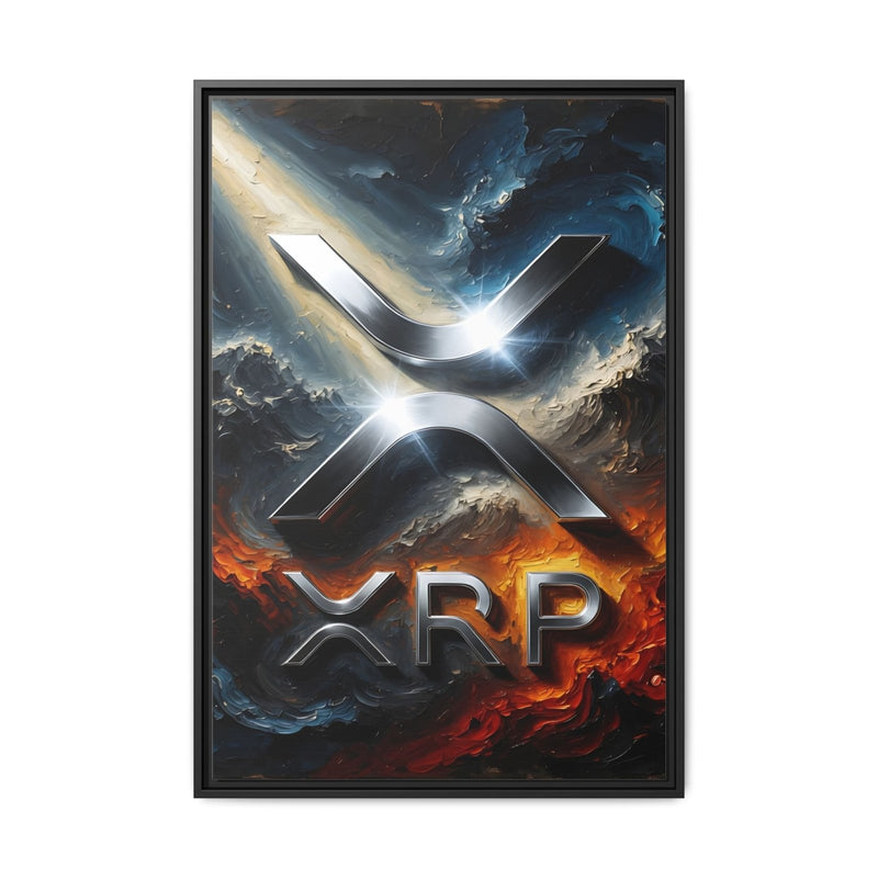 Framed XRP logo canvas print featuring a metallic X and bright orange XRP text