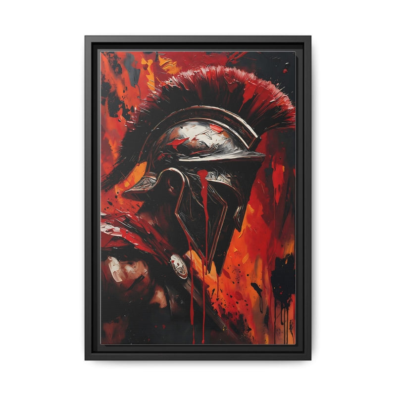 Framed canvas wall art with Spartan warrior helmet illustration, black frame and orange highlights