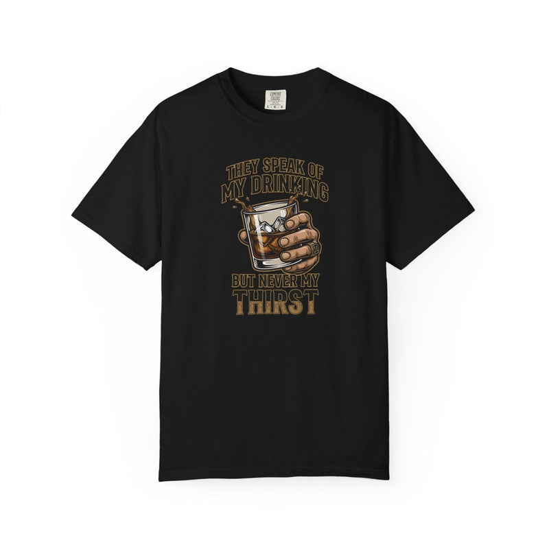 Black whiskey quote graphic T-shirt with short sleeves and crew neck