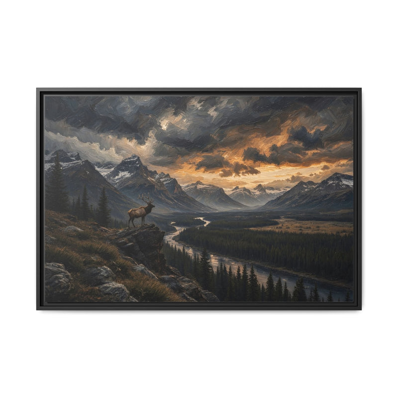 Framed canvas wall art featuring mountain valley view with elk in foreground