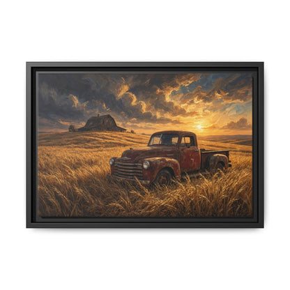 Framed canvas wall art of a red vintage pickup truck in a wheat field under dramatic clouds