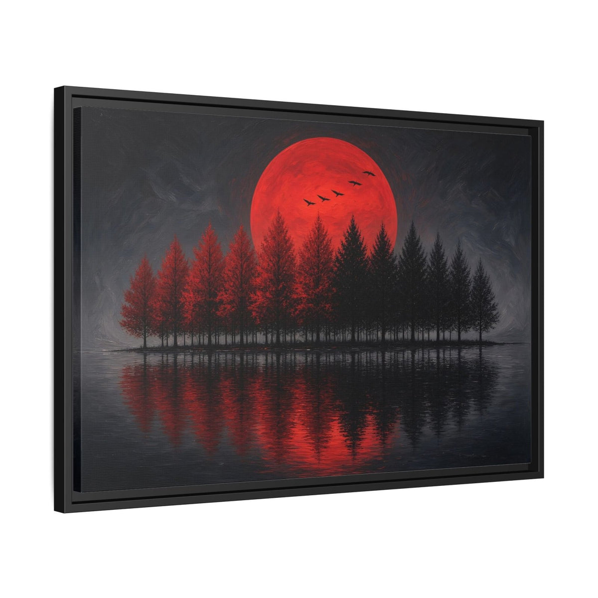 Framed wall canvas with red moon over dark forest and lake reflection, visible side edge