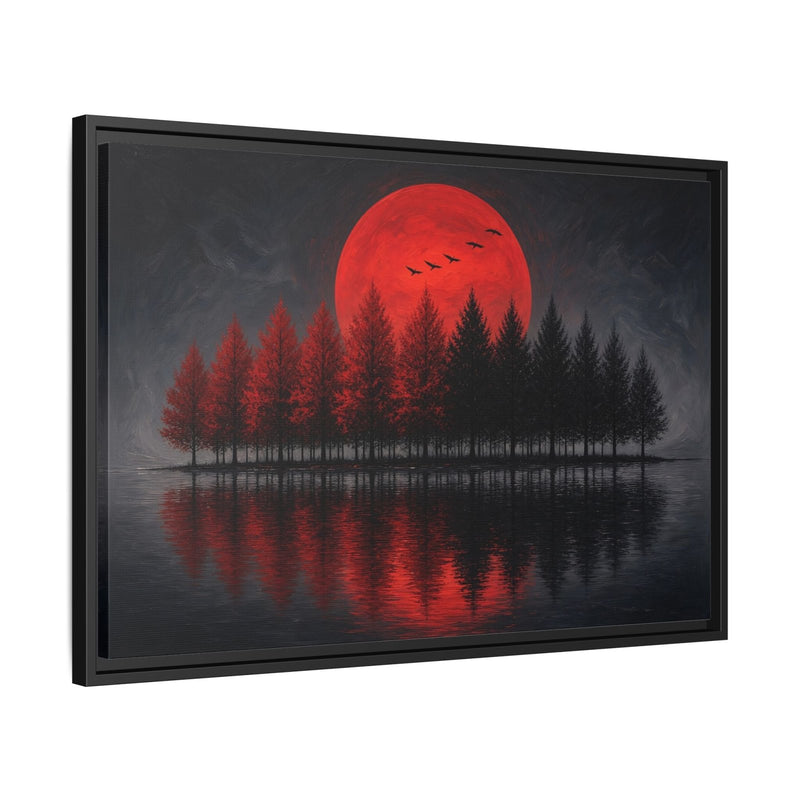 Framed wall canvas with red moon over dark forest and lake reflection, visible side edge