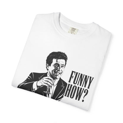 White crewneck graphic tee with illustrated man and “FUNNY HOW?” print, angled