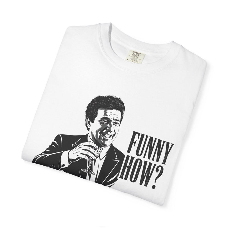 White crewneck graphic tee with illustrated man and “FUNNY HOW?” print, angled