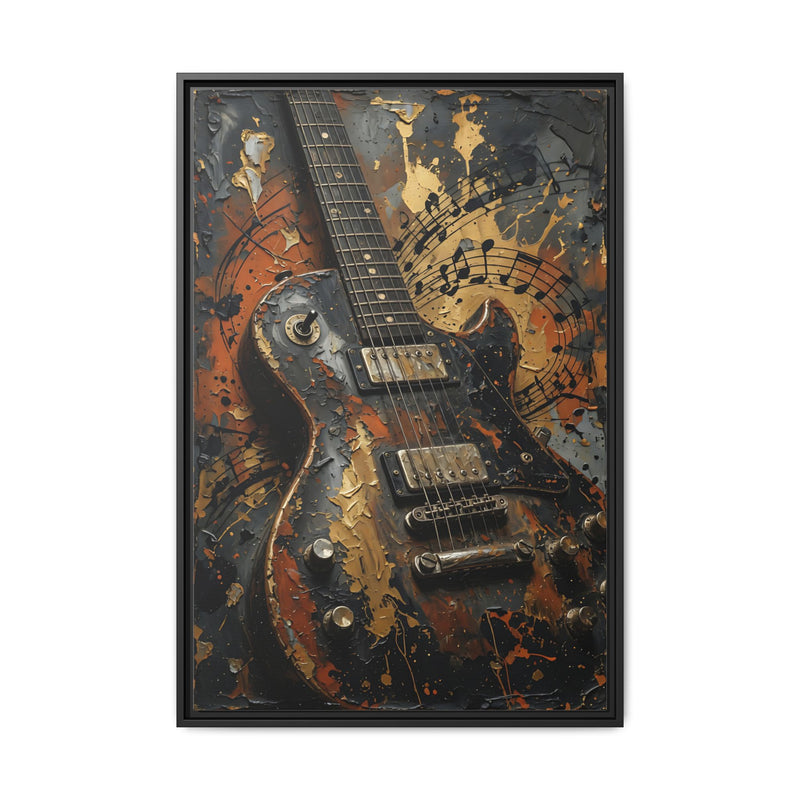 Framed Guitar Canvas Art — Vintage Electric Guitar with Musical Notes