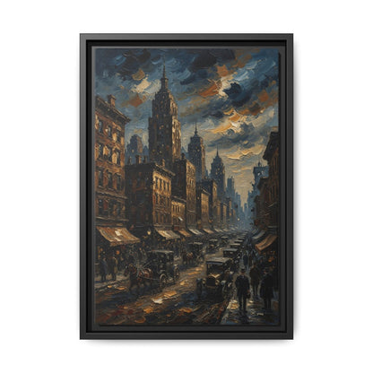 Black framed canvas print with tall buildings rising over a crowded street at dusk.