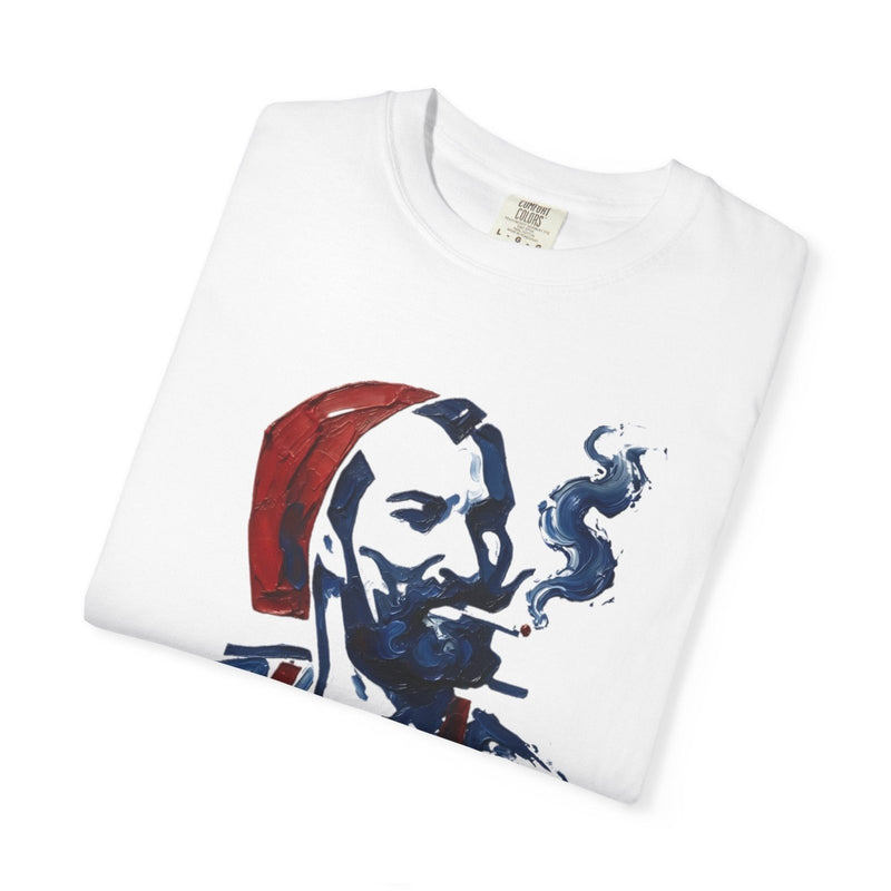 White T-shirt with smoker portrait graphic on chest, shown in angled close view