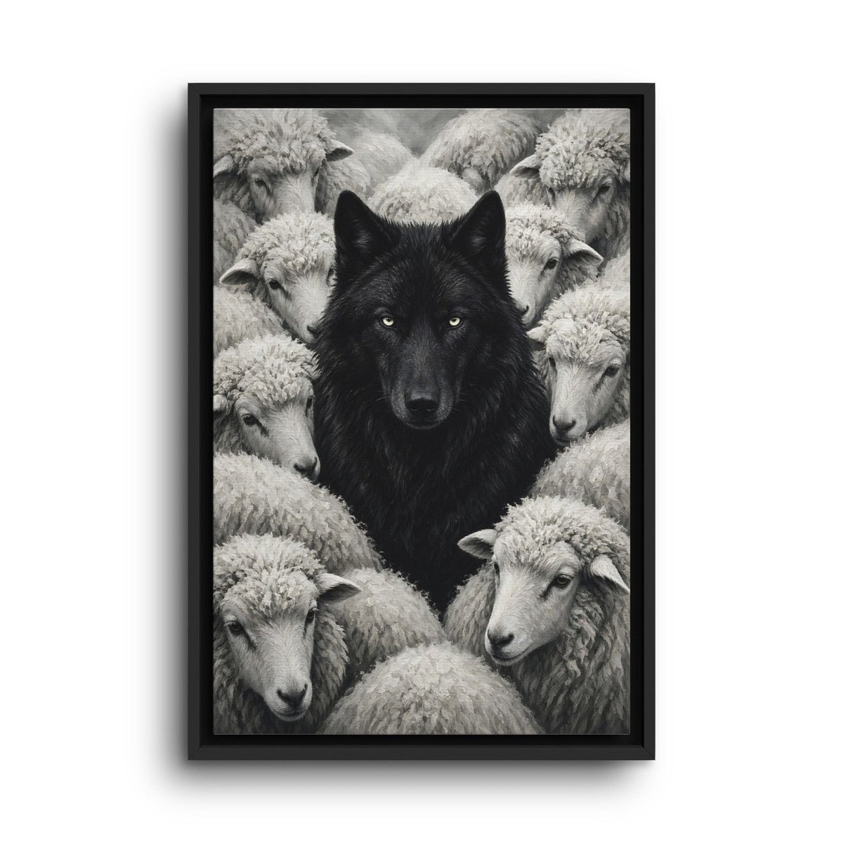 Framed wolf-and-sheep grayscale canvas with black wolf at center
