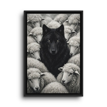 Framed wolf-and-sheep grayscale canvas with black wolf at center