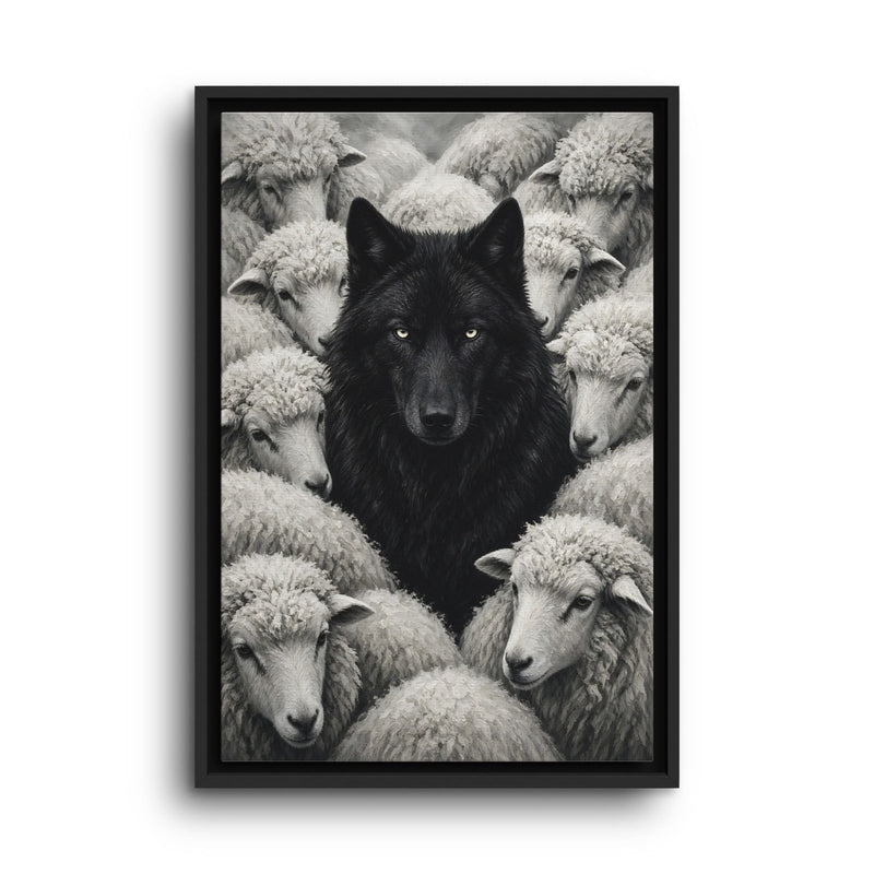 Framed wolf-and-sheep grayscale canvas with black wolf at center