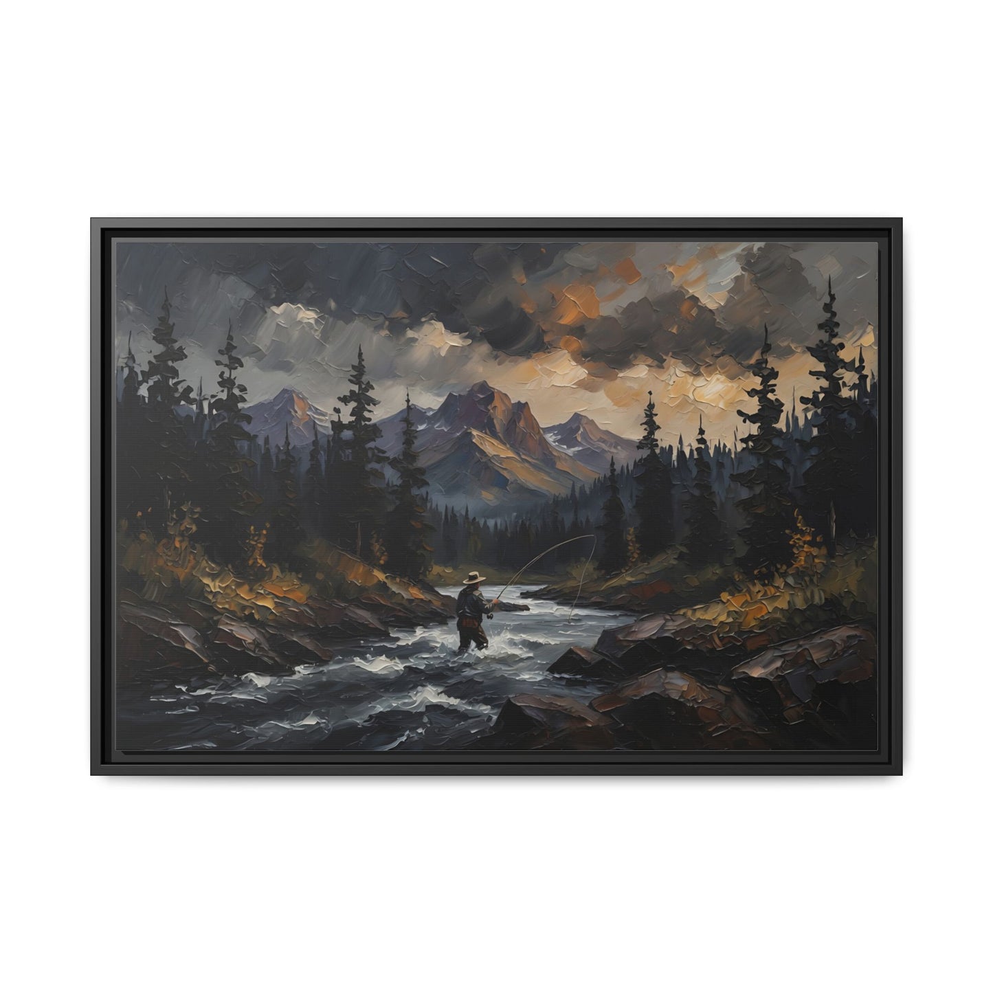 Framed Matte Canvas Print — Wilderness Fly Fisherman Landscape