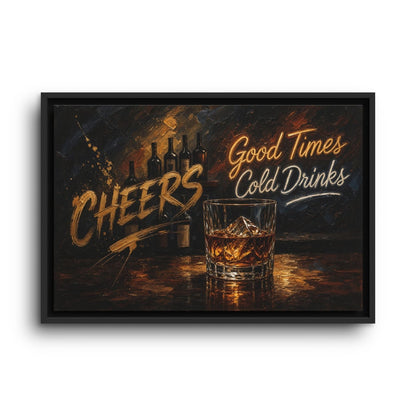 Front view of whiskey bar canvas in a black frame, featuring a glass of whiskey and bar lettering