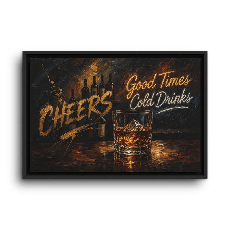 Front view of whiskey bar canvas in a black frame, featuring a glass of whiskey and bar lettering